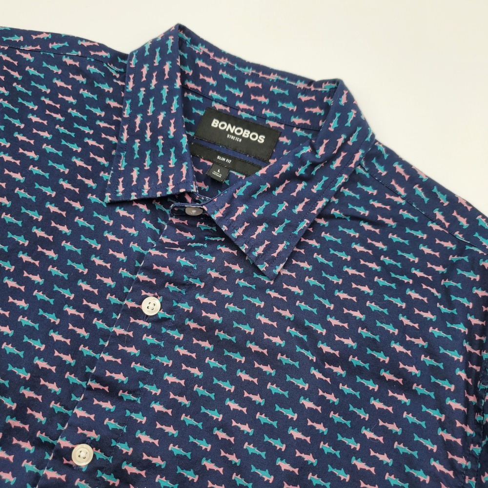 Bonobos Mens Slim Fit Stretch Shirt Large Navy Hammerhead Shark Print S/S